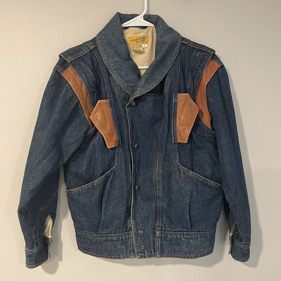 Vintage Jean Jacket Zip Off Sleeves Lined Snaps 1980s Faux Leather Accents Sz 7 - Picture 3 of 10